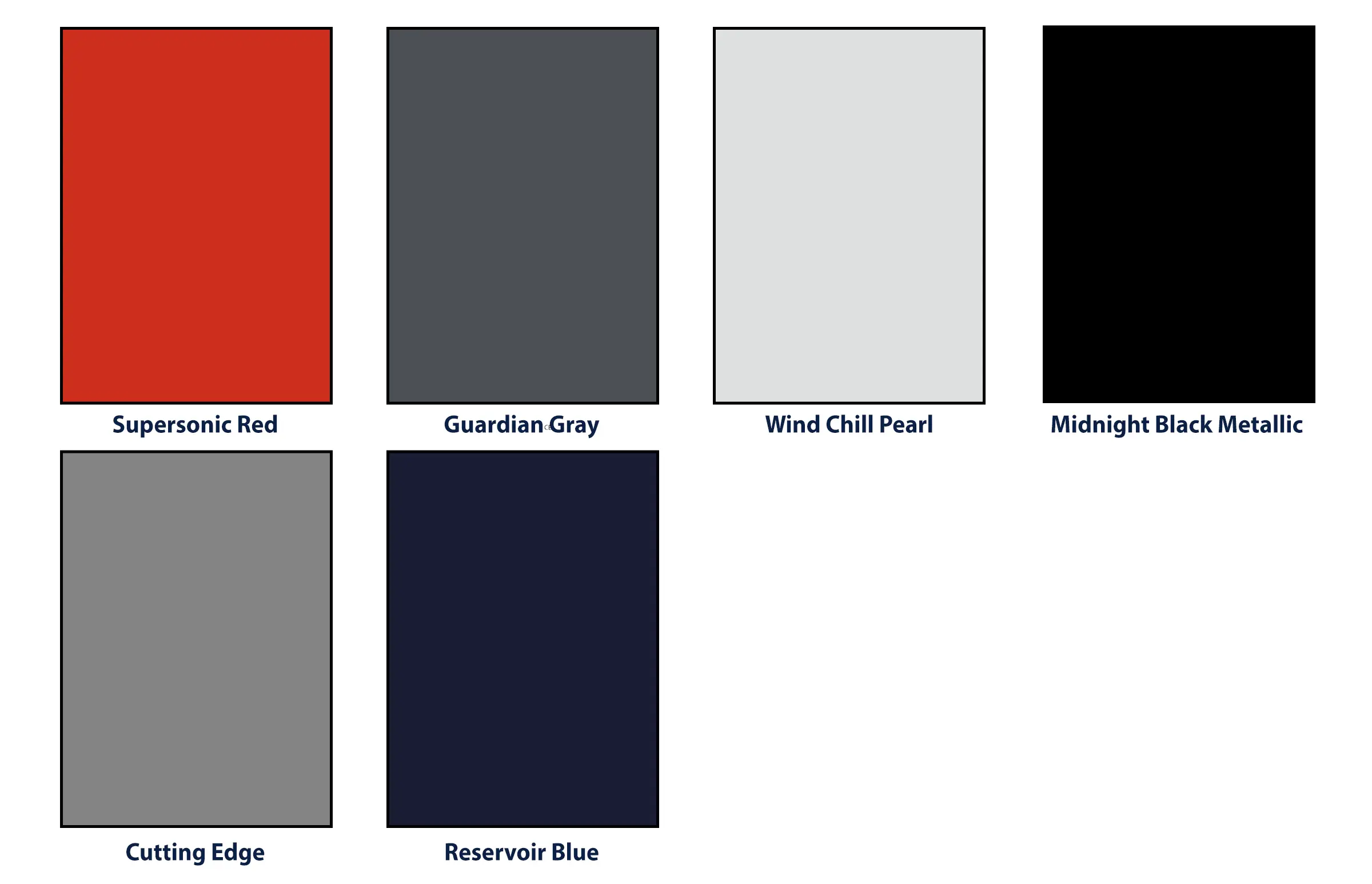 Paint colors for the 2026 Toyota Prius LE: Supersonic Red, Cutting Edge, Guardian Gray, Midnight Black Metallic, Reservoir Blue, and Wind Chill Pearl